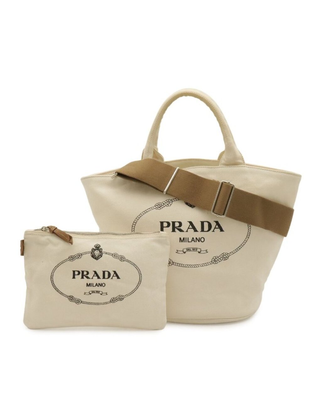 Prada Canapa Tote 2-Way Shoulder Bag Crossbody Canvas Leather Ivory White